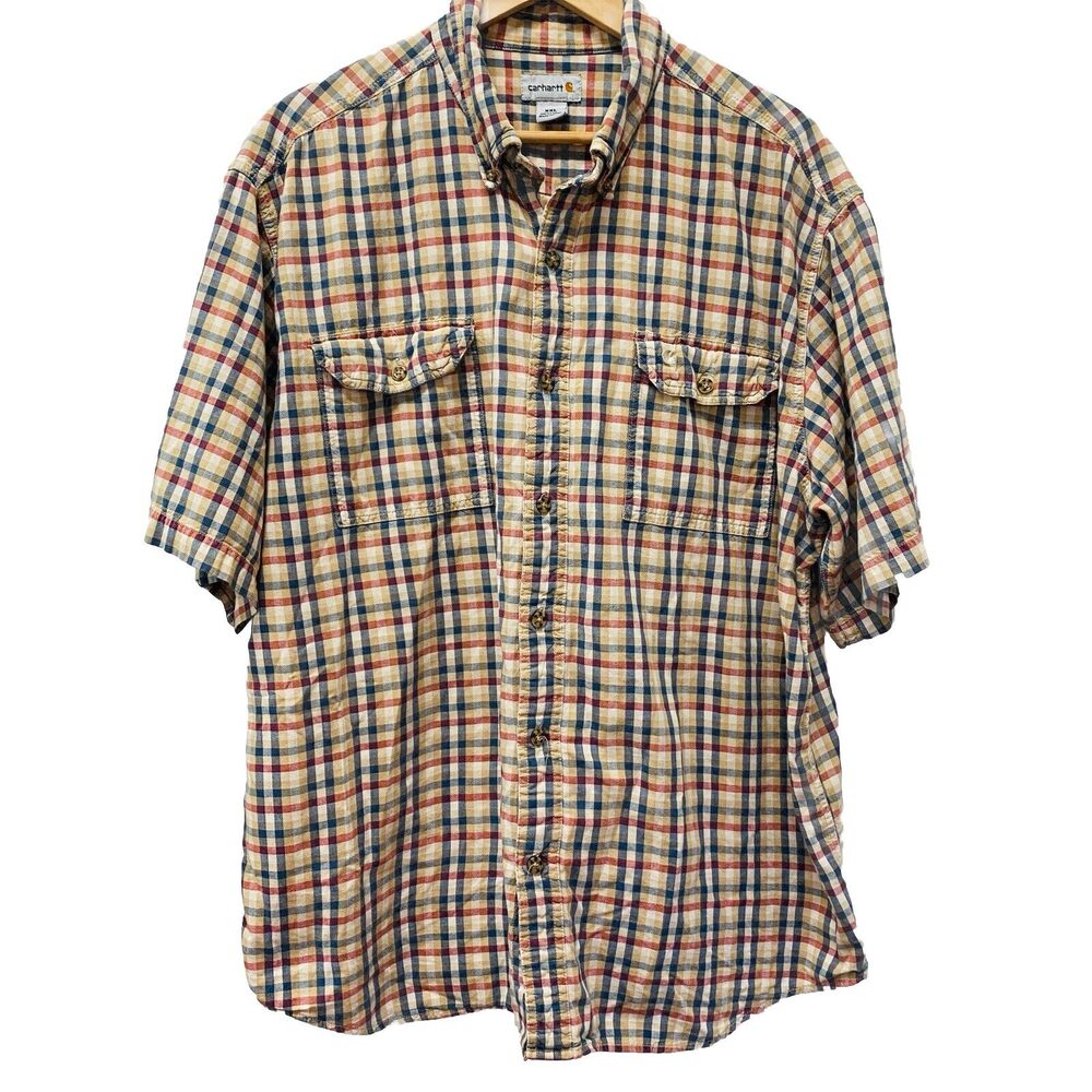 Carhartt Shirt Mens XXL Relaxed Fit Plaid Short Sleeve Tan Gray double Pocket